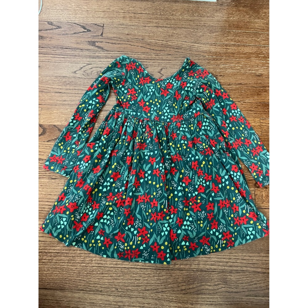 Hanna Andersson Dress Kids 6-7 Green Excellent Floral Long Sleeve Pockets